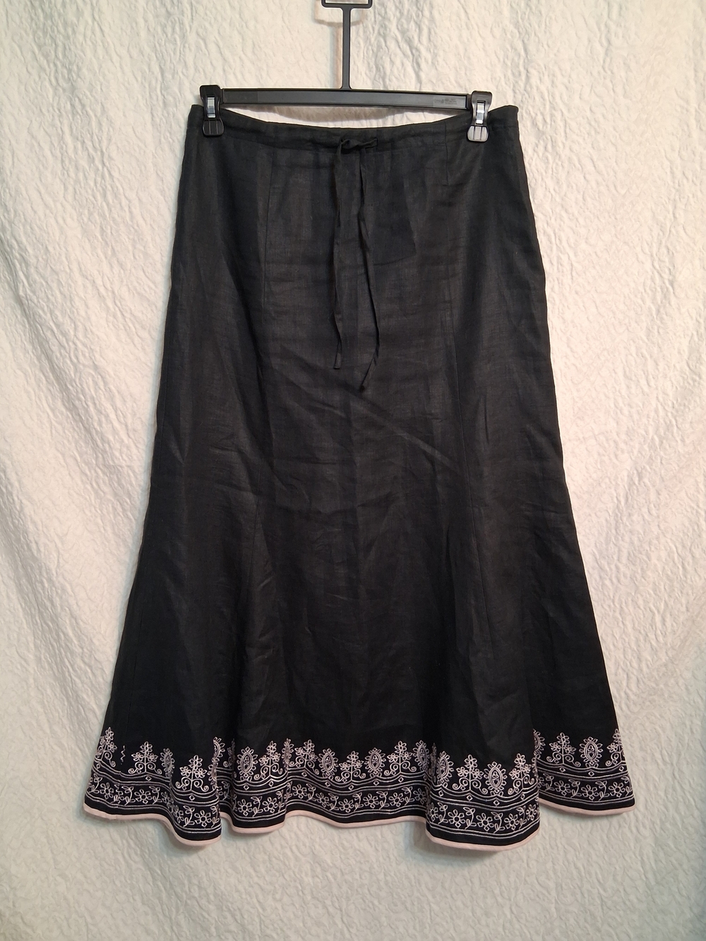 Richard Malcolm Black A-Line Skirt with Light Pink Embroidered Hem and Waist Tie